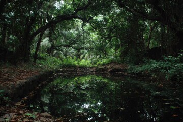 Obraz premium Lush tropical forest, dark pond reflection