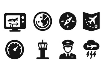 Jet Navigation Icons. Solid, filled icon set of private jet navigation: GPS device, radar, compass, flight map, altitude meter, air traffic control, autopilot,