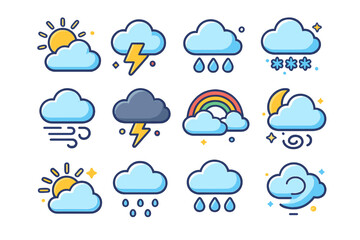 Obraz premium Colorful Weather Icons. Colorful isometric vector icons set of weather and cloud effects: sunny cloud, lightning bolt cloud, rainy cloud, snow cloud, windy