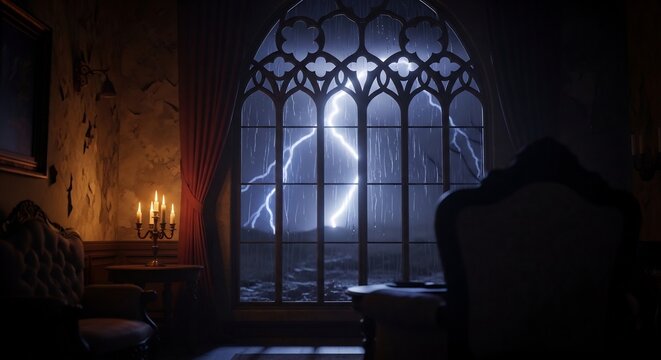 Dramatic interior with lightning storm view through gothic window. Ideal for dark fantasy novel covers, Halloween themed designs, or atmospheric video game backgrounds.