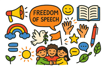 Freedom Symbols Doodle. Colorful Hand-drawn doodle Children illustration Freedom of speech speech bubble, megaphone, smiling face, book, peace dove, rainbow,