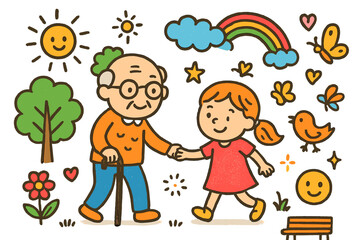 Joyful Outdoor Adventure. Colorful Hand-drawn doodle Children illustration Outdoor Walk Together [grandparent, child, cane, tree, sun, cloud, rainbow, heart,