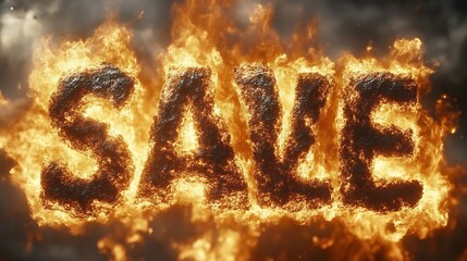 Fiery "SAVE" text in a dramatic display of flames and smoke