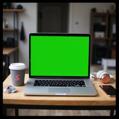 An Open Laptop with a Chroma Key Green Screen Set Up on a Wooden Desk in a Contemporary Office Environment.