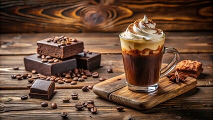 Aromatic Coffee Drink with Whipped Cream and Chocolate Delights on Rustic Wood