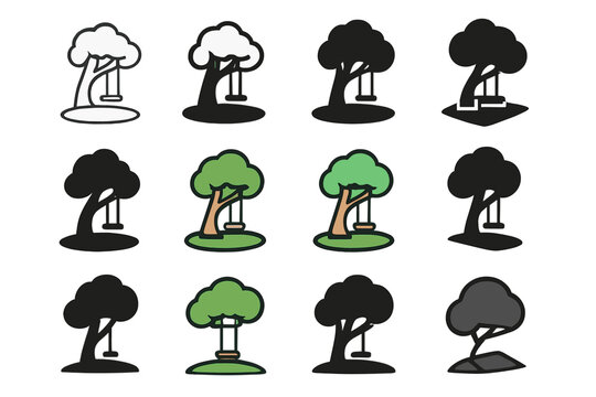 Swing Logo Variations. Set Logo of outdoor lounging: tree swing over lawn. Logo set in vector style, emblematic variations. line, bold thick line, solid black
