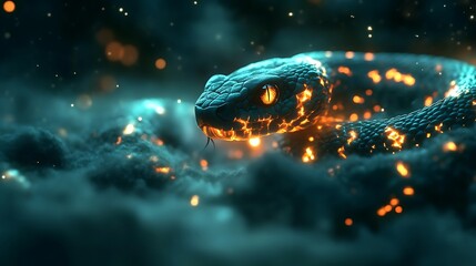 Fiery serpent coils in dark smoke