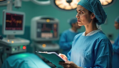 Hispanic female surgeon in operating room, focused on clipboard. Medical equipment, monitoring screens surround. Team members in scrubs visible in background. Represents health care, surgical