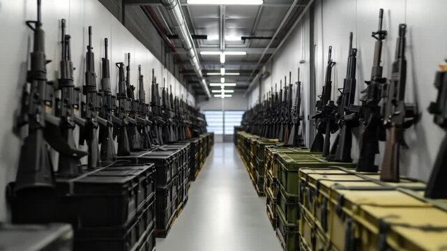 Rows Of Rifles In Storage Room On Military Equipment Crates Against White Walls With Fluorescent Lighting And Metal Air Ducts For Adobe Stock
