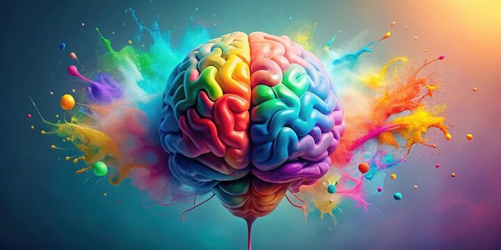 A vibrant, multicolored brain exploding with creative energy and imagination, a powerful symbol of innovative thinking and boundless potential