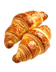 Two golden-brown croissants, overlapping, with a rich, golden crust and light, airy layers