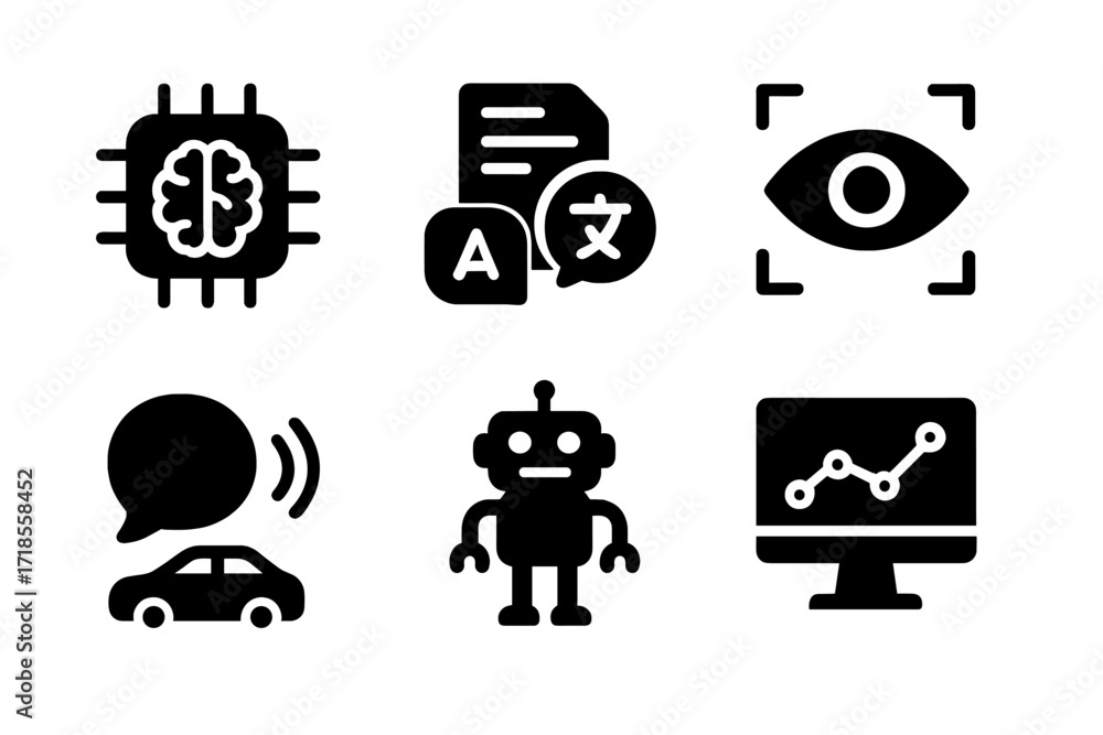 Aufkleber ai technology icons. solid, filled icon set of ai technologies: deep learning, natural language proc