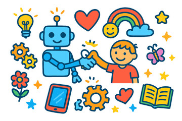 Human-Robot Teamwork Doodles. Colorful Hand-drawn doodle Children illustration Human-Robot Teamwork robot, human figure, gears, handshake, heart, sparkles,
