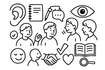 Naklejka premium Active Listening Symbols. Hand-drawn doodle illustration Active listening ear, notebook, pencil, eye contact, person nodding, conversation bubbles, clock,