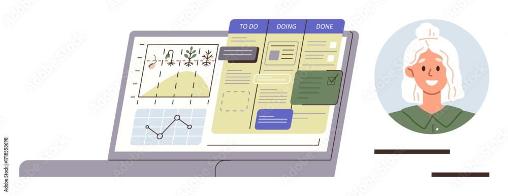 Poster laptop displaying task tracking interface, progress charts, visual dashboard, and a user profile. id