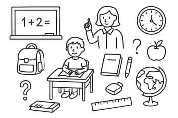 Classroom Doodle Icons. Hand-drawn doodle illustration Classroom activities [blackboard, chalk, desk, student, teacher, notebook, pencil, school bag, book,