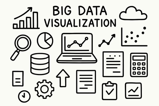 Data Analytics Doodles. Hand-drawn doodle illustration Big data visualization, bar chart, pie chart, line graph, scatter plot, laptop, database, magnifying