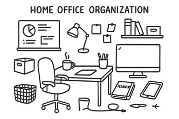 Home Office Sketch. Hand-drawn doodle illustration [Home office organization] [desk, chair, filing box, pen holder, whiteboard, cable, lamp, planner, tablet,