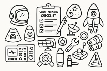 Fototapeta premium Space Mission Doodle. Hand-drawn doodle illustration space mission checklist clipboard, pen, astronaut helmet, capsule, rocket, control panel, radar screen,
