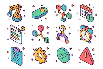 Isometric Automation Icons. Colorful isometric vector icons set of task automation: robot arm, automation switch, workflow trigger, task scheduler, smart rules