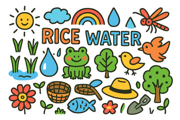Colorful Farming Doodle. Colorful Hand-drawn doodle Children illustration Rice and Water [rice seedlings, water drop, frog, fish, dragonfly, bird, flower,