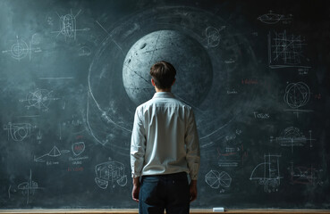 Scientist contemplates chalkboard equations illustrating theoretical physics, quantum concepts, cosmic models. Drawings depict geometry, mathematics, universal laws. Large planet moon dominates
