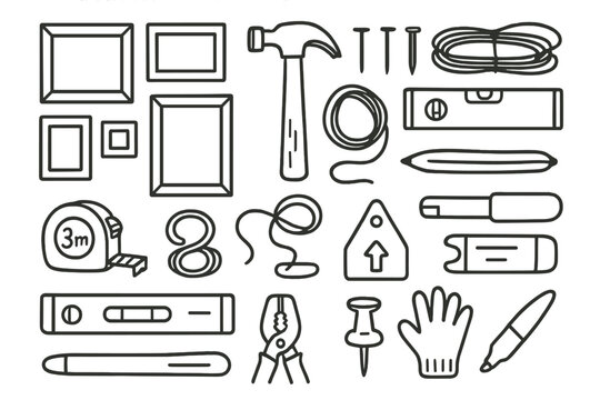 Gallery Tools Doodles. Hand-drawn doodle illustration [Gallery-style frame arrangement tools] [hammer, nails, wire, level, measuring tape, wall hook, string,