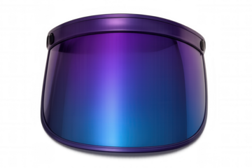 Futuristic face shield with a gradient lens in vibrant purple and blue, representing protection, technology, and fashion