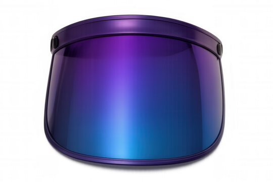 Futuristic face shield with a gradient lens in vibrant purple and blue, representing protection, technology, and fashion
