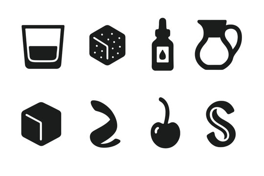 Classic Cocktail Icons. Solid, filled icon set of old fashioned ingredients: whiskey, sugar cube, bitters, water, ice, orange peel, cherry, lemon zest. Solid,