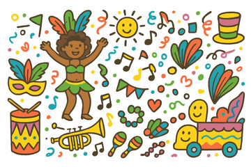 Obraz premium Carnival Parade Celebration. Colorful Hand-drawn doodle Children illustration Carnival parade feather mask, drum, samba dancer, trumpet, music notes, beads,