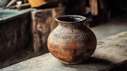 Rustic earthen vessel showcasing traditional pottery and craftsmanship techniques for water storage