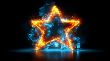 Fiery star shape, outlined in orange-yellow flames, surrounded by blue-white smoke.  A reflective surface below