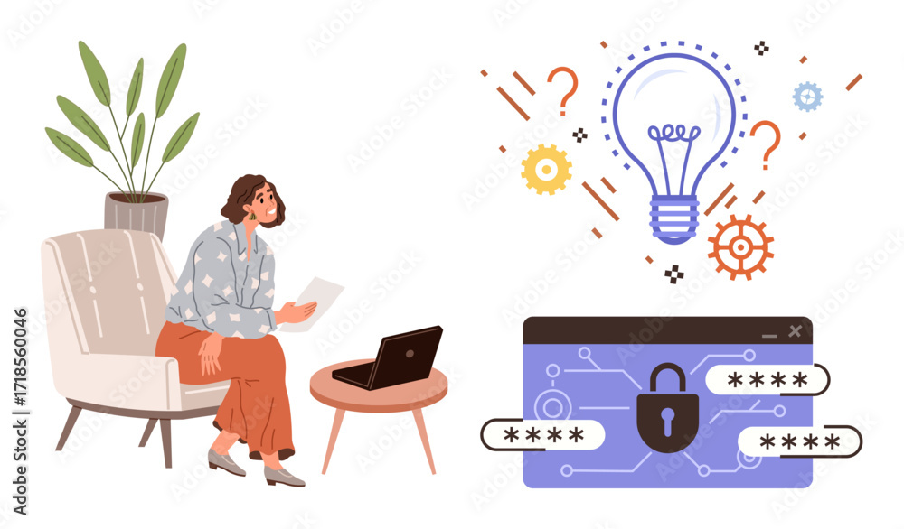 Poster woman sitting on chair reviewing document with laptop, lightbulb representing ideas and solution, se