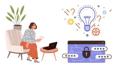 Woman sitting on chair reviewing document with laptop, lightbulb representing ideas and solution, secure padlock with password hints innovation, brainstorming, digital security. Ideal for data