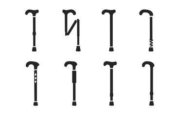 Cane Feature Icons. Solid, filled icon set of cane features: adjustable height, foldable, curved grip, rubber tip, decorative inlay, leather grip, metal