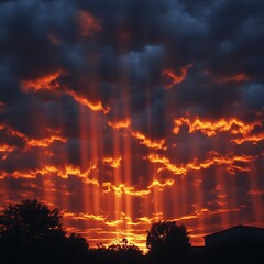 Fiery sunset beams piercing dark clouds