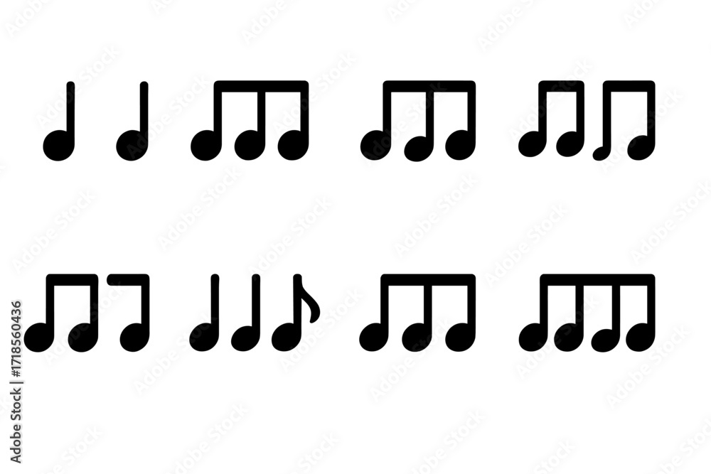 Poster rhythm pattern icons. solid, filled icon set of backbeat rhythm patterns: and emphasis, offbeat sync