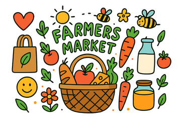 Farmers Market Doodle. Colorful Hand-drawn doodle Children illustration farmers market basket of fruit, bread, cheese, carrot, tomato, milk, honey jar, flower,