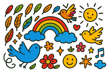Obraz premium Doodle Rainbow Delight. Colorful Hand-drawn doodle Children illustration Rainbow Birds rainbow feathers, bluebird, sunshine, cloud, sparkle, flying bird,