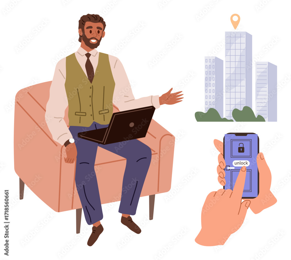 Aufkleber man seated using laptop, smartphone unlocking smart system for building access. ideal for technology