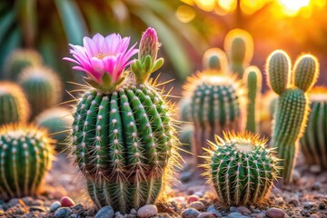 Vibrant pink cactus blossom bathed in warm sunset light, surrounded by a diverse collection of spiny succulents in a desert garden setting