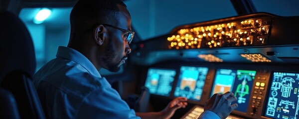 African technician calibrates avionics in airplane cockpit at night. Man works with control panel, displays, instruments. Expertise in engineering, technology, aircraft maintenance, airline industry.