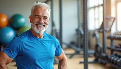 Smiling senior man with white hair and beard in blue workout shirt at fitness gym. Surrounded by weights and exercise equipment, promoting healthy aging and active lifestyle for older adults.