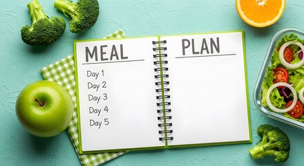 Meal plans a meal plan notebook open to a page with days listed, surrounded by fresh ingredients like broccoli, apple, orange, and a salad on a teal background