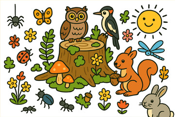 Naklejka premium Whimsical Forest Doodle. Colorful Hand-drawn doodle Children illustration Mossy Tree Stump moss patches, mushrooms, beetles, ants, squirrel, owl, woodpecker,