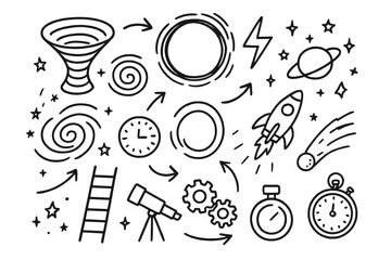 Doodles_ Wormholes and Portals. Hand-drawn doodle illustration wormholes and portals spiral, circle portal, lightning bolt, galaxy, stars, planet, rocket,