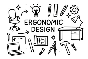Ergonomic Design Icons. Hand-drawn doodle illustration Ergonomic Design [chair, desk, lamp, ruler, pencil, light bulb, gear, blueprint, sparkle, star, arrow,