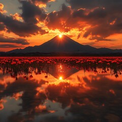 Fiery sunset over a mountain, reflected in a field of red flowers