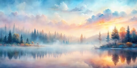 Fototapeta premium Serene Sunrise Over a Misty Lake, with Silhouettes of Evergreen Trees Reflected in the Calm Water, Creating a Dreamlike Autumnal Scene